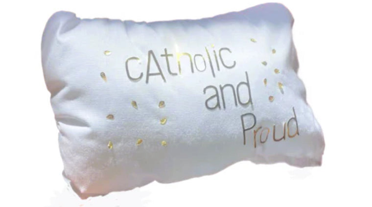 Catholic and Proud Mini Accent Pillow with scattered gold flakes
