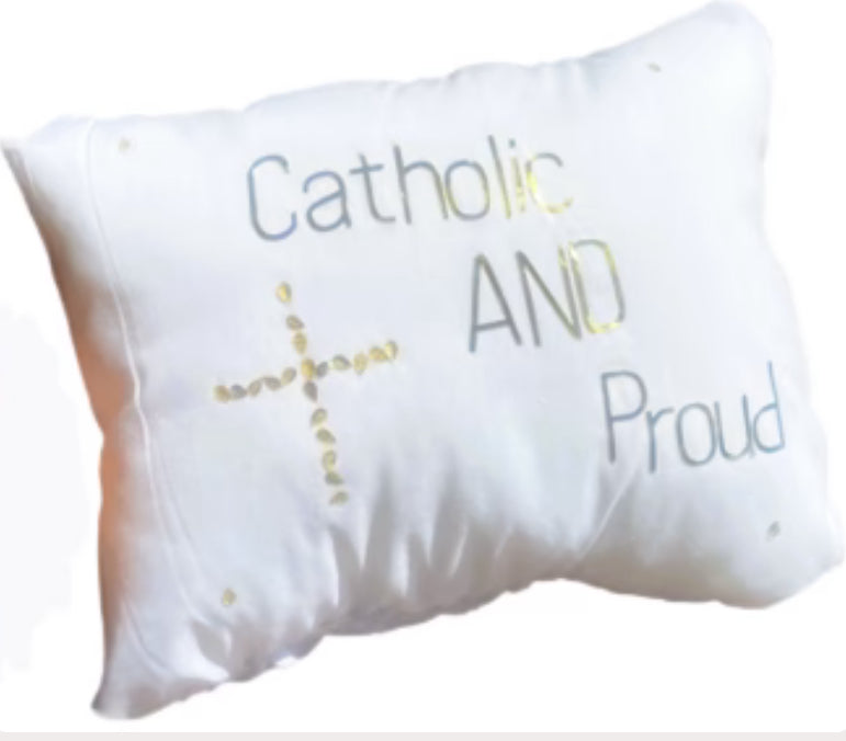 Catholic and Proud Mini Accent Pillow with cross and four gold flakes